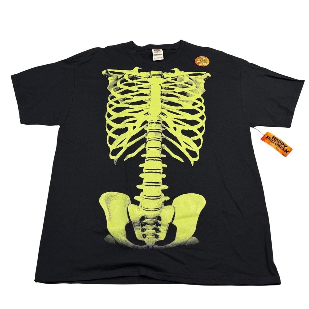 Fruit of the Loom T-Shirt Black Glow in Dark Skeleton Halloween Goth XL Mens